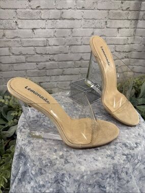 LEMONADE Nude Faux Suede Clear Footwrap Lucite Wedge Heels WMS 6.5M 💛 NWOT